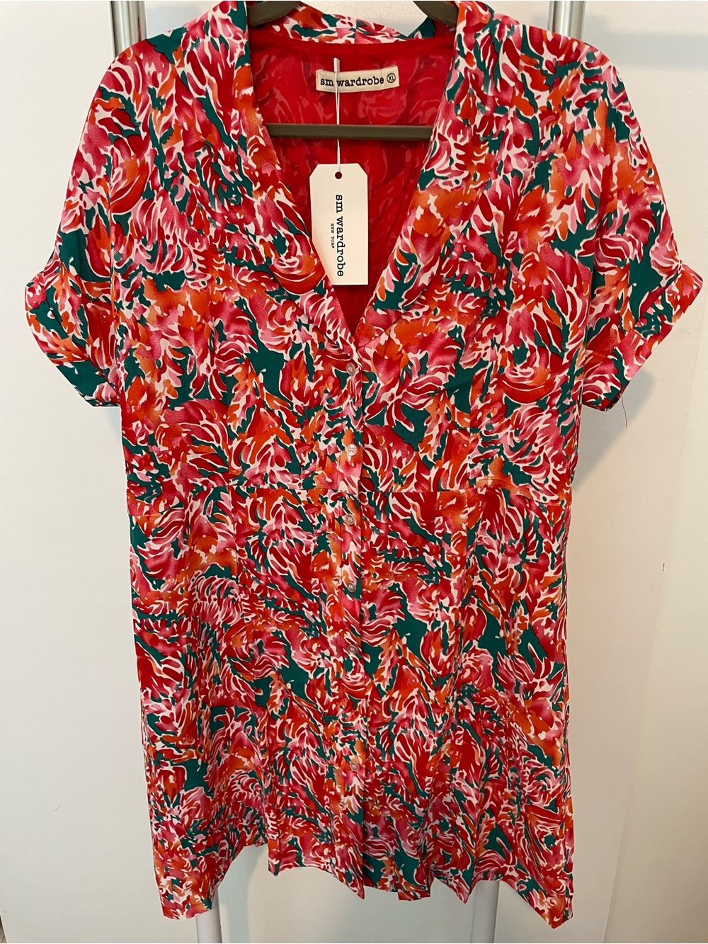 Red Floral Button-Front Tunic Dress